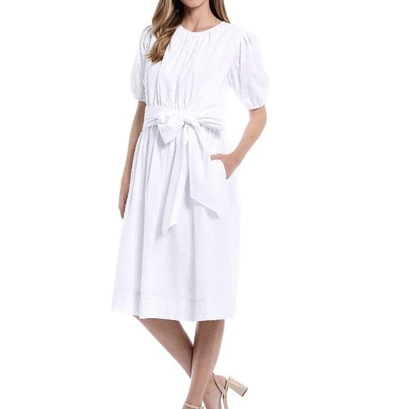 LDT Dresses & Skirts - LDT Connie Dotted Tie Front Short Sleeve Blouson Midi Dress 10 White Perfect 🐇